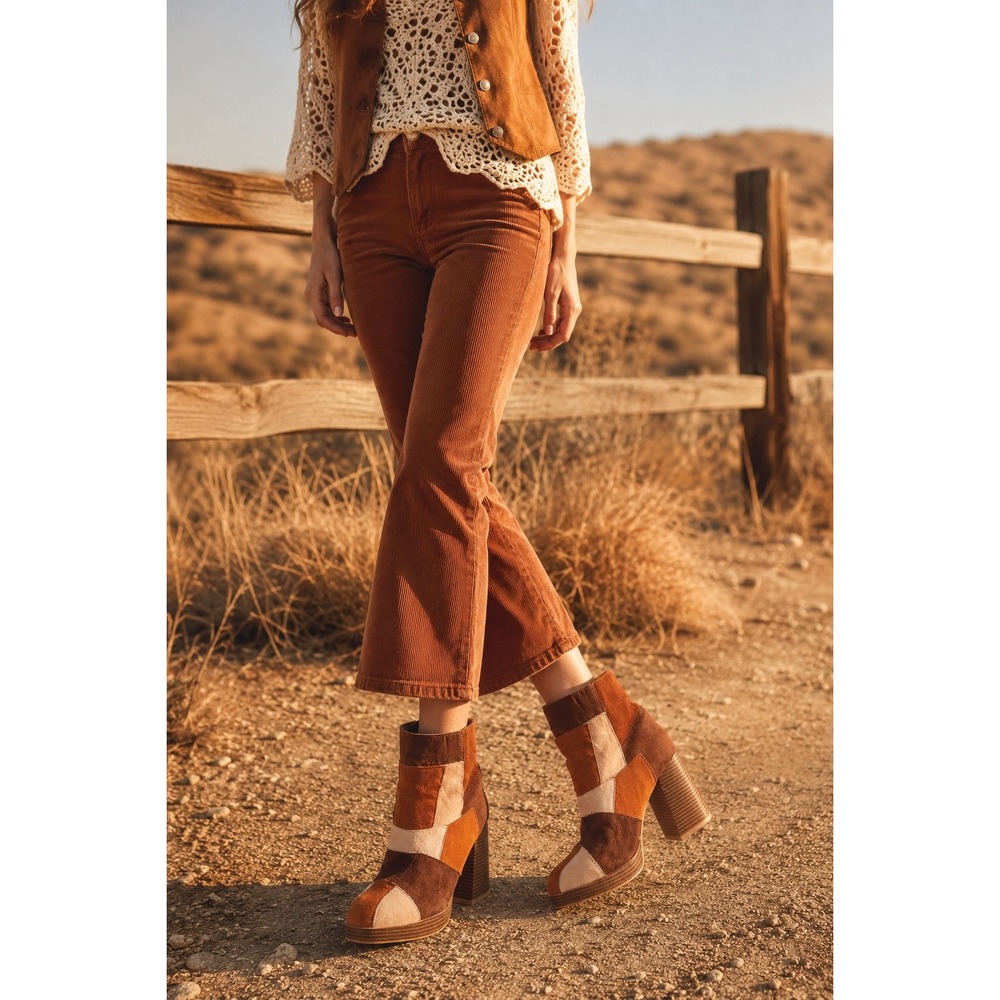 Brown Patchwork Faux Suede Square Toe Block Heel Boot Womens 11 Retro Boho Indie